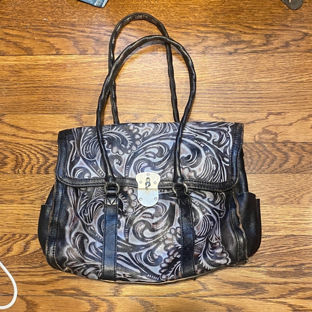 Patricia Nash Black and Gray Floral Embossed Satchel Tote